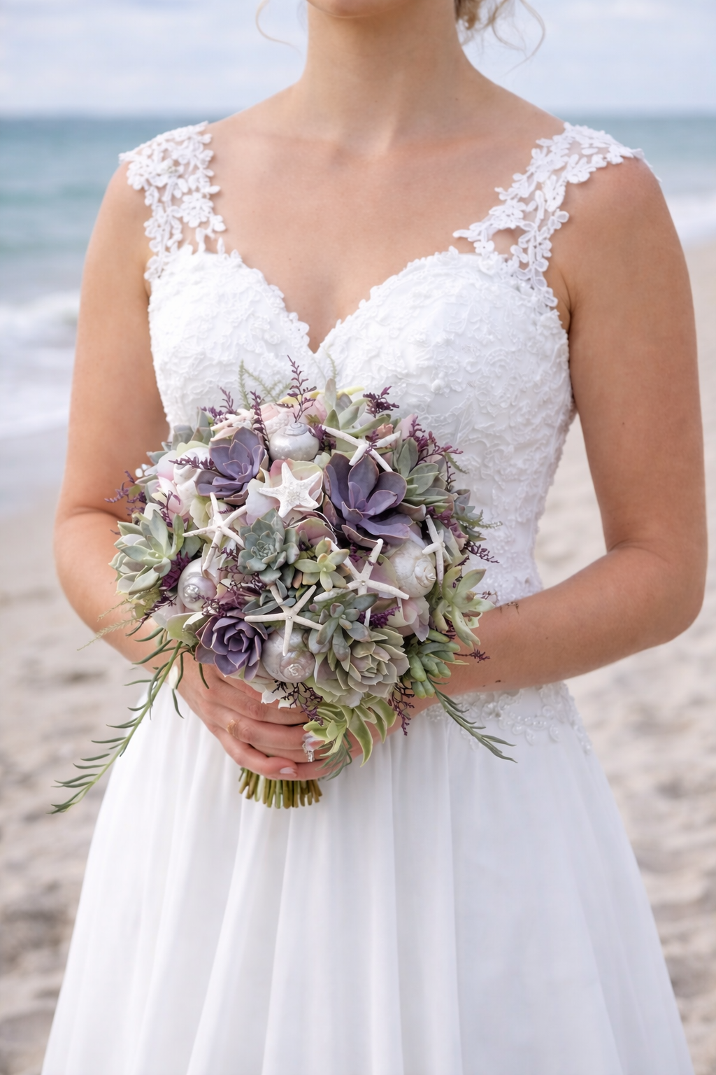 Live Succulent Beach Wedding Bouquet & Boutonniere – Coastal Destination Collection