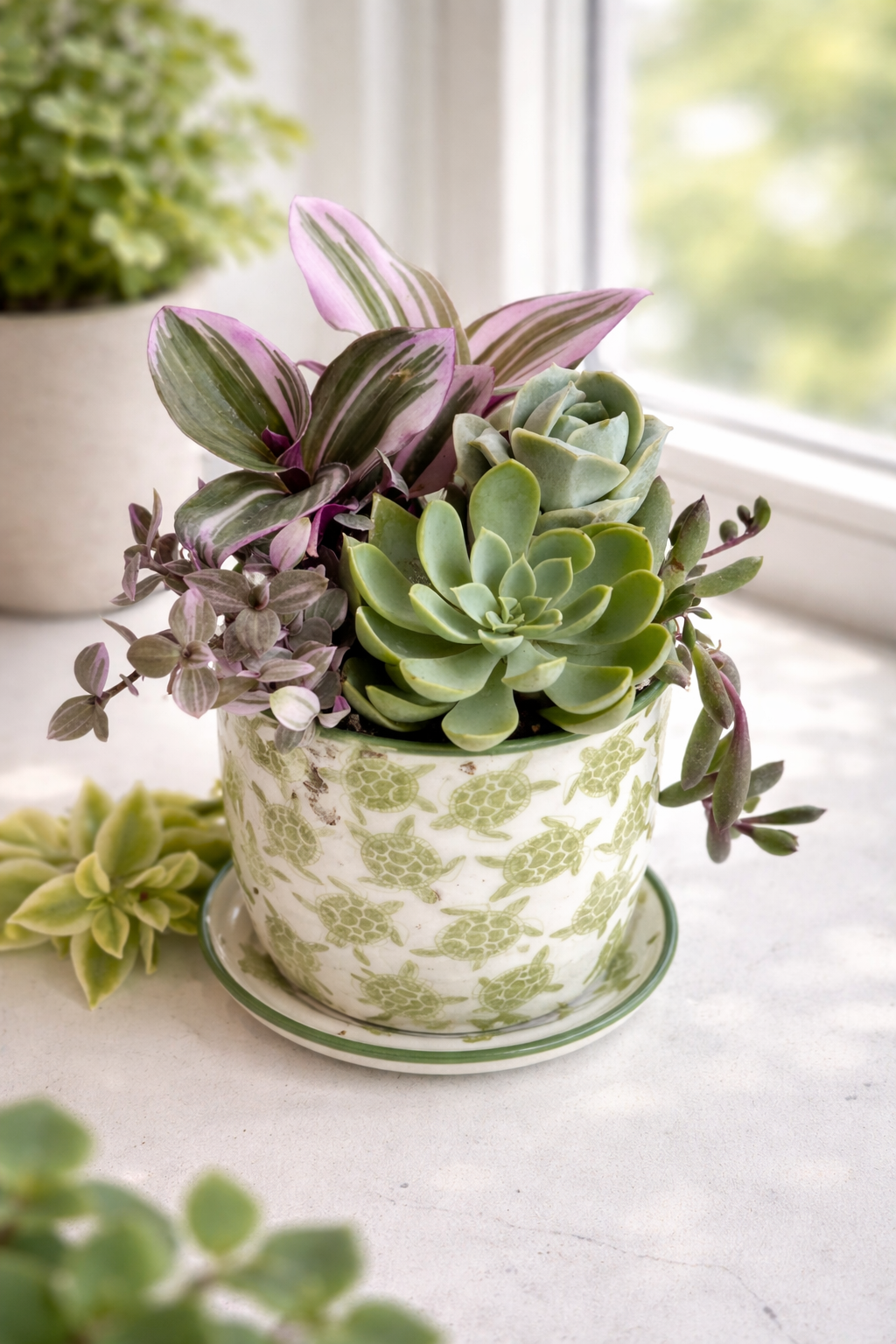 Mixed succulents in turtle Pot