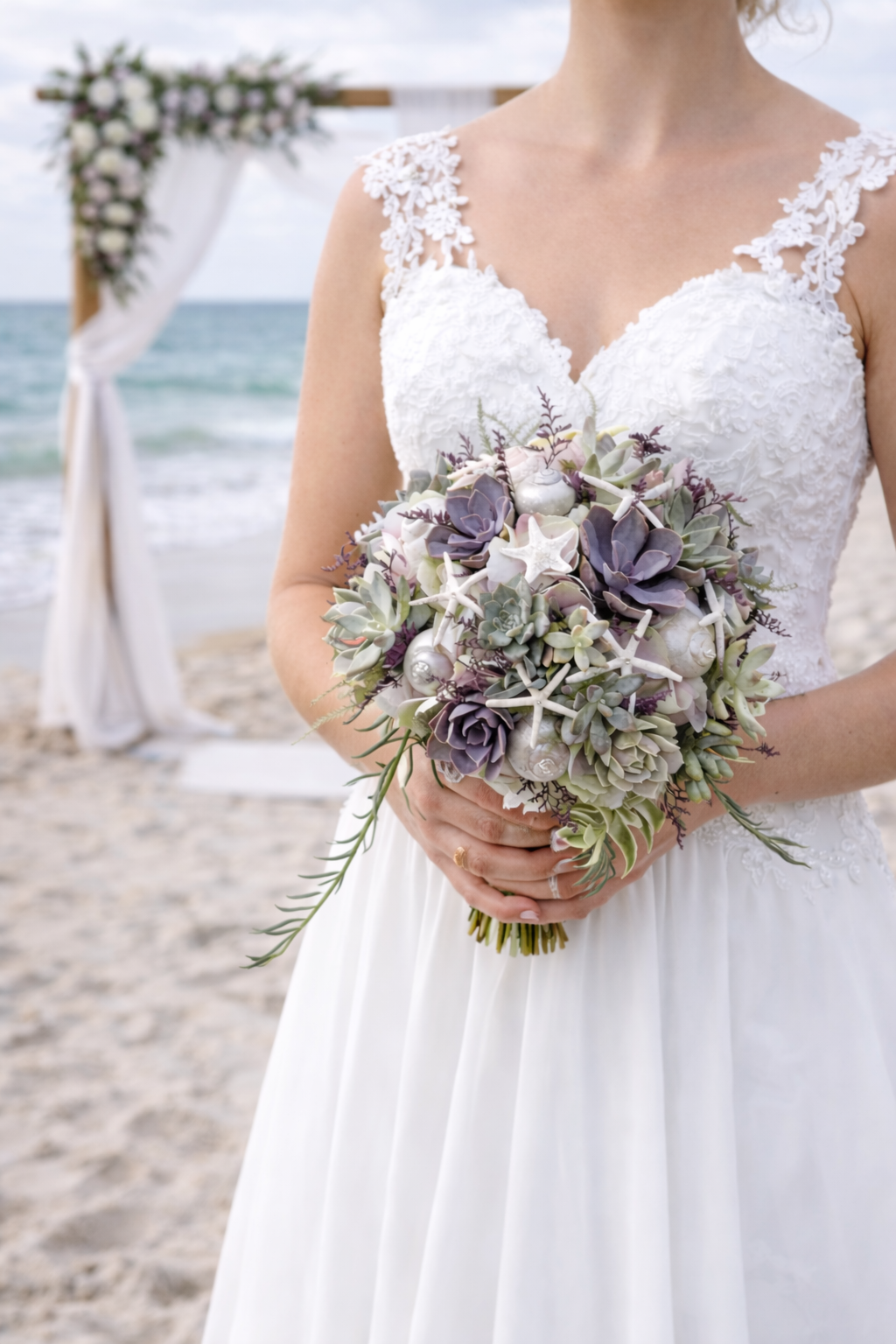 Live Succulent Beach Wedding Bouquet &amp; Boutonniere – Coastal Destination Collection