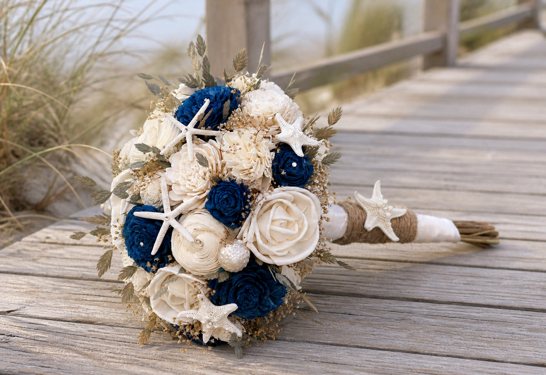 Beach Wedding Bouquet and Boutonniere Set | Navy Blue &amp; Ivory Sola Wood Flowers