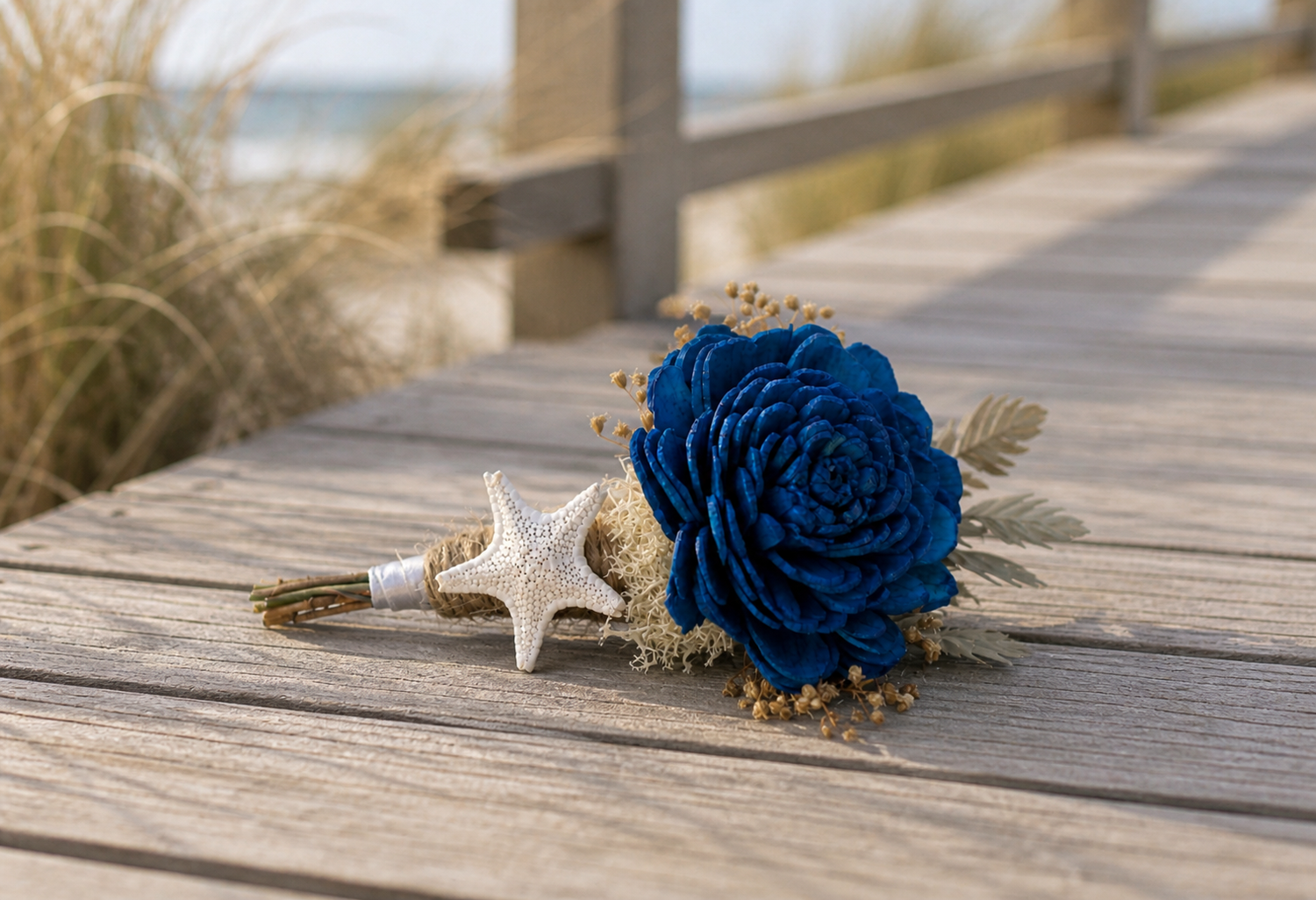 Beach Wedding Bouquet and Boutonniere Set | Navy Blue &amp; Ivory Sola Wood Flowers
