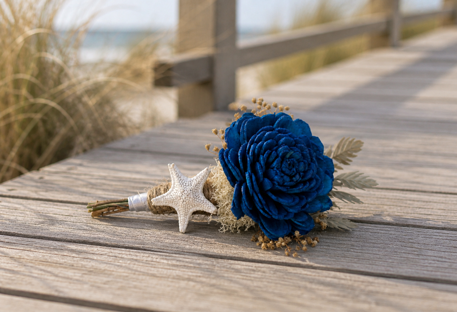 Beach Wedding Bouquet and Boutonniere Set | Navy Blue &amp; Ivory Sola Wood Flowers