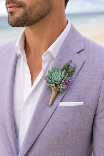 Live Succulent Beach Wedding Bouquet &amp; Boutonniere – Coastal Destination Collection